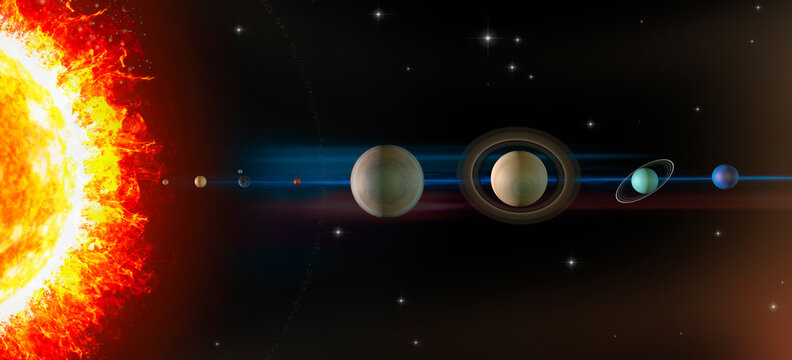 Planets of the solar system, sun, Mercury, Venus, Earth, Moon, Mars, Jupiter, Saturn, Uranus, Neptune, Magnitudes and dimensions are not to scale. Element of this image are furnished by Nasa