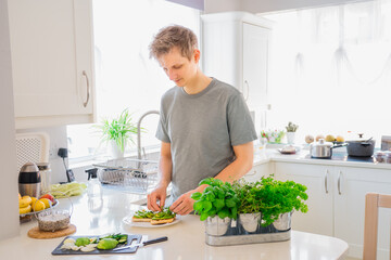 Young caucasian man making a healthy meal of avocado toast and vegetables putting just picked greenery from homegrown garden on the kitchen. Breakfast ideas. Vegetarian and vegan diet. Copy space.