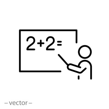 teaching math icon, teacher at the  blackboard, thin line symbol on a white background- editable stroke vector illustration eps10