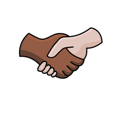 Vector icon of two hands, a dark and a pale skin, handshaking in agreement or sealing a business deal. - Vector