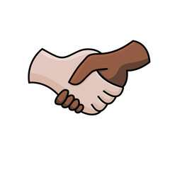 Vector icon of two hands, a pale on top and a dark skin undeneath, handshaking in agreement or sealing a business deal. - Vector