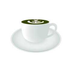 Hot Coffee with Latte Art Made from frosty milk in a white Cup and white saucer on white background