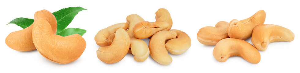 Roasted Cashew nuts with leaf isolated on white background with clipping path and full depth of field. Set or collection