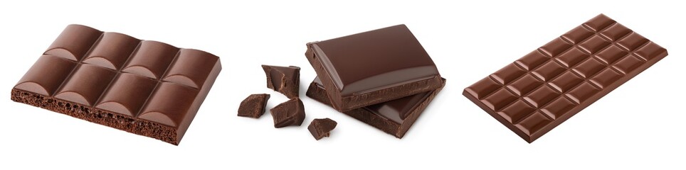 Small dark chocolate pieces isolated on white background with clipping path. Set or collection