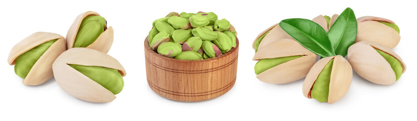 pistachio with leaves isolated on white background with clipping path and full depth of field. Set r collection