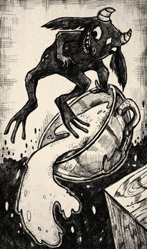 The little demon is a brawler, turning over a cup of tea. Little creature. Traditional drawing. Little Goblin.