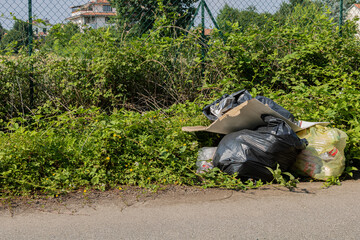 Garbage Plastic Bags in the Nature Ilegal Junk Dump Pollution