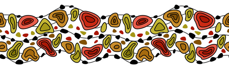 Modern abstract seamless red patterns with colorful shapes or blots on a white background. Fashionable colorful flat-style illustration for wrapping paper, textile printing, Wallpaper.