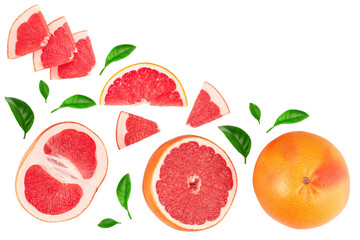Grapefruit and slices isolated on white background. Top view with copy space for your text. Flat lay