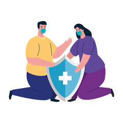 woman and man avatar with mask and shield design of medical care and covid 19 virus theme Vector illustration