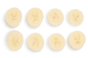 peeled banana pieces isolated on white background with clipping path and full depth of field. Top view. Flat lay. Set or collection