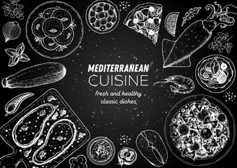 Mediterranean cuisine top view frame. A set of mediterranean dishes . Food menu design template. Vintage hand drawn sketch vector illustration