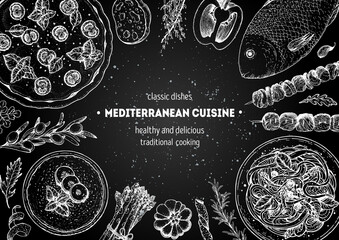 Mediterranean cuisine top view frame. A set of mediterranean dishes. Food menu design template. Vintage hand drawn sketch. Vector illustration. Food collection.