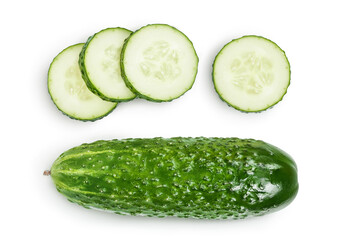 Sliced cucumber isolated on white background with clipping path and full depth of field, Top view. Flat lay