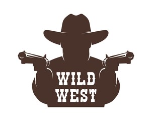 Cowboy bandit with guns stencil. Western gunfighter silhouette icon. Vector wild west illustration.