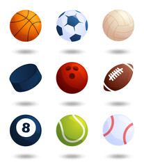 Realistic sports balls vector big set isolated on white background. Vector Illustration of soccer and baseball, football game, tennis, bowling, ice hockey, volleyball
