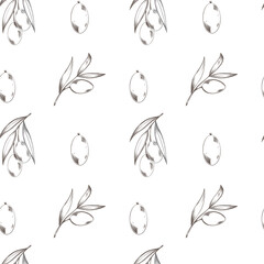 Simple olive sprigs square seamless pattern on a white background. Digital line art. Print for fabrics, packaging, wrapping paper, cafe, menu, kitchen, greeting card, wedding