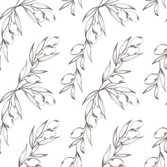 Simple olive sprigs square seamless pattern on a white background. Digital line art. Print for fabrics, packaging, wrapping paper, cafe, menu, kitchen, greeting card, wedding