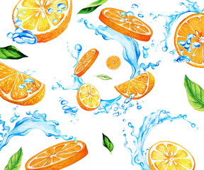 Watercolor orange slices and leaves among water splashes