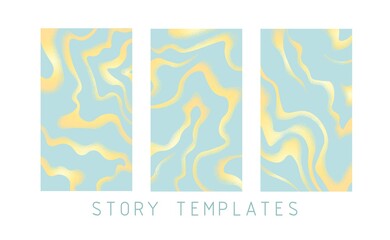 Abstract creative backgrounds for social media networks in trendy liquid style. Social media stories templates. Stylish blue background with golden sand wavy lines. Set of vector illustrations.