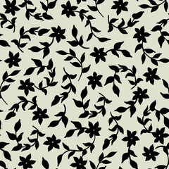Ditsy Leaf Pattern with Flowers. Vector Seamless Pattern. Black motifs on Ivory background.