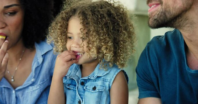 CU Family with daughter (4-5) eating fruit / Claremont, Cape Town, South Africa