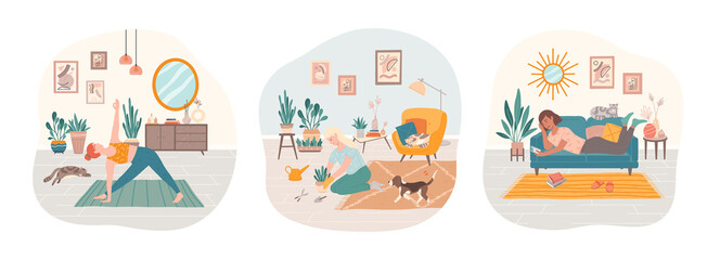 Set of women doing yoga, surfing internet, cultivating home garden with their domestic pets. Bundle of daily life scenes.Everyday leisure and work activities.Flat cartoon vector illustrations.