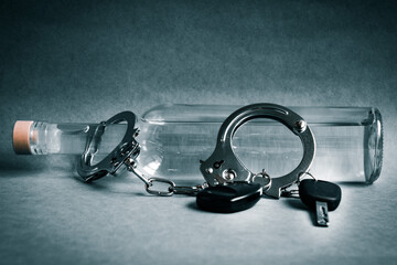 Bottle with alcohol, handcuffs and car keys. The concept of the punishment for drunk driving.