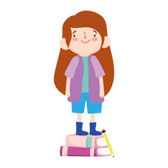 online education student girl standing on books and pencil cartoon