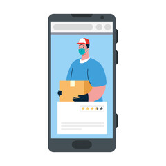 man with mask and box on smartphone design, Safe delivery logistics and transportation theme Vector illustration