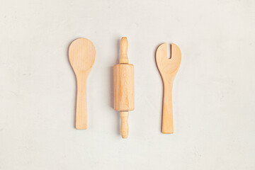 Wooden kitchen utensils. Household tools, traditional cooking, recipes mockup