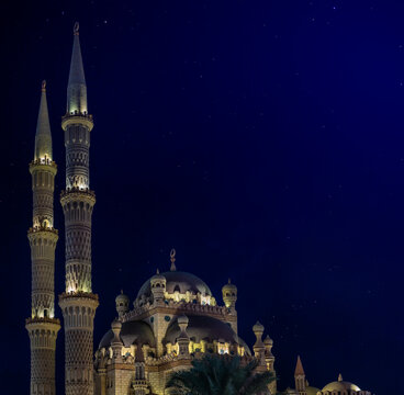 Al-Sahaba Mosque at night, ancient architecture and monuments at the  Sharm el Sheikh resort in Egypt.