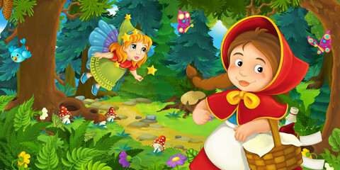 cartoon scene with young girl and happy dog in the forest going somewhere and fairy flying over - illustration