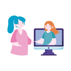 online education female teacher and girl computer video communication