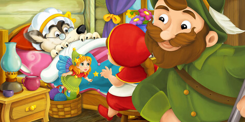 Cartoon scene of girl wolf and flying fairy in the room - illustration