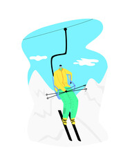 Vector flat illustration happy man skier going up on funicular. Concept ski resort, mountains, winter tourism, travel, extreme sports.