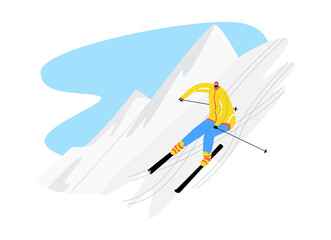 Vector flat illustration happy man riding down mountain. Concept of mountains, winter hikes, travel, extreme sports.