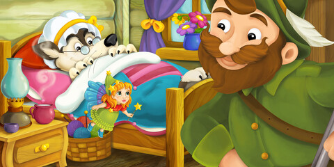 Cartoon scene of girl wolf and flying fairy in the room - illustration