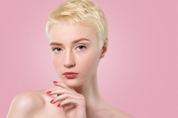 Portrait of a beautiful woman with short blonde hair, beautiful fresh make-up and with healthy...