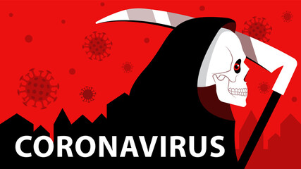 Coronavirus (2019-nCoV) . Grim Reaper in black cloak and symbols of virus in the air. The Concept of coronavirus quarantine, victims, mortality and danger. Vector.