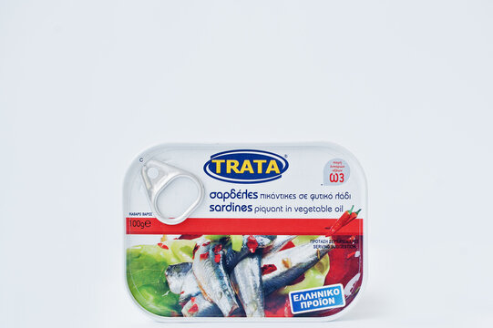 Athens, Greece - February 22, 2017: Sardines piquant in vegetable oil Trata.