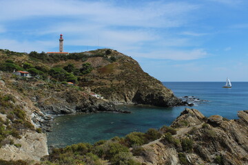 Coastal landscape at Cap Béar on Côte Vermeille, Mediterranean Sea, southern France, September 2018