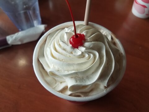 Cup With Milkshake, Whip Cream, Cherry, And A Straw