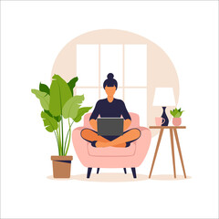 MobileWoman sitting on sofa with laptop. Working on a computer. Freelance, online education or social media concept. Working from home, remote job. Flat style. Vector illustration.
