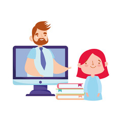 online education teacher on video computer student books