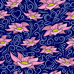 seamless pattern with pink flowers on a dark blue background with doodles. Desgned for printing on fabric.