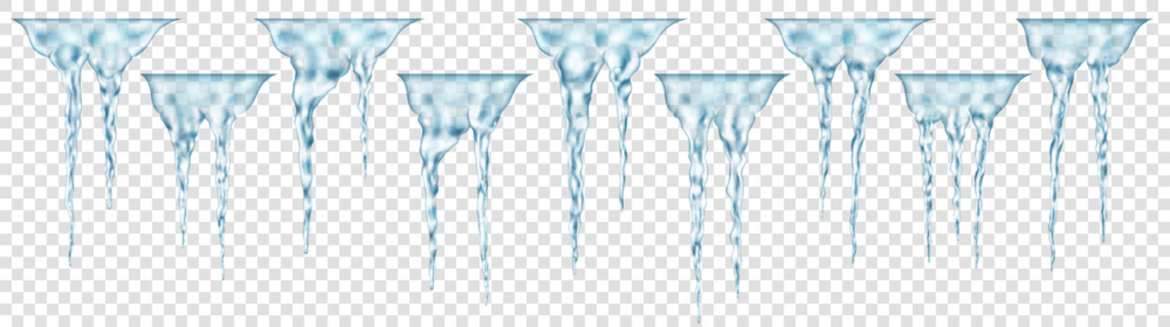 Set of groups of translucent light blue realistic icicles of different lengths connected at the top. For use on light background. Transparency only in vector format