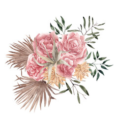 Boho bouquet with watercolor hand draw flowers, rose, pampas grass, palm leaves, branches, isolated on white background