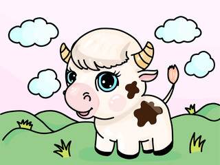 Cute cow, awesome little bull walking on field and smiling. 