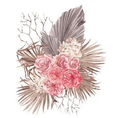 Fototapeta premium Boho bouquet with watercolor hand draw flowers, rose, pampas grass, palm leaves, branches, isolated on white background